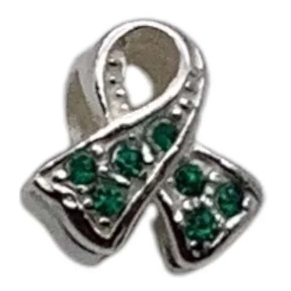 Charmed Craft 925 Sterling Silver Ribbon Pendant Green Crystals Cancer Awareness - Picture 1 of 8